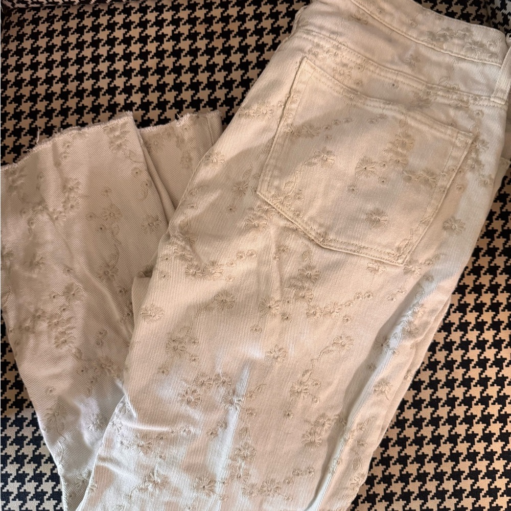 J. Crew Cream Embroidered Boot Cut Jeans